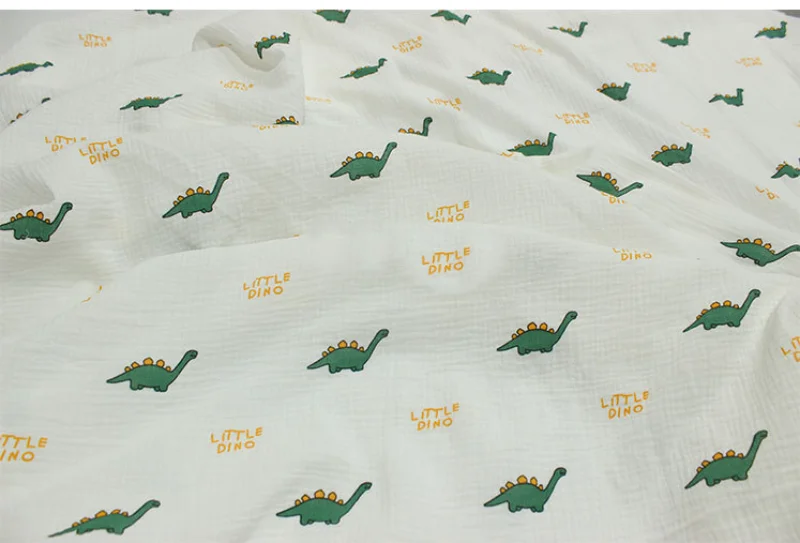 100x135cm Cute Dinosaur Printed Double Layer Cotton Crepe Fabric Breathable Pure Cotton Fabric DIY Sewing Baby Clothes