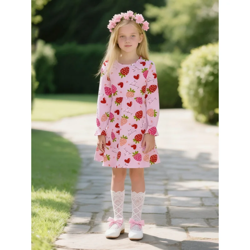 2025 Girls Long Sleeve Dress - Cute Strawberry with Love Printed Back Water Drop Collar Design, Girls Sweet Casual Party Dress