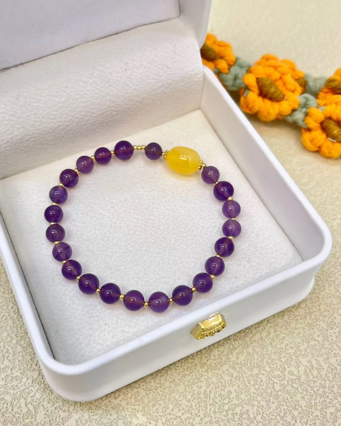 Certificated Natural Amethyst Beaded String Bracelets for Girls Real Yellow Amber Oval Bead Elastic Hand Strand Blessing Jewelry