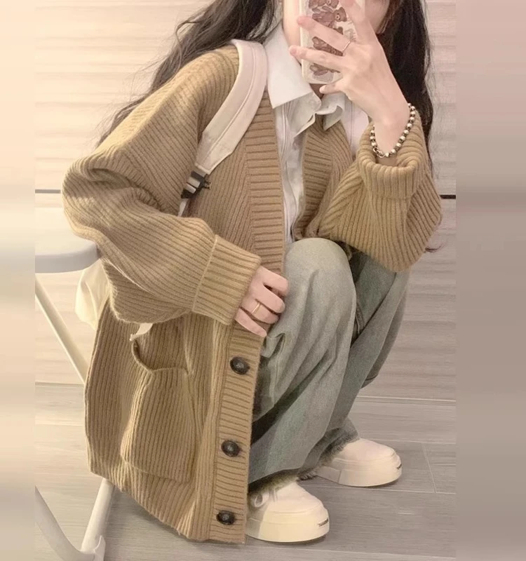 

plus Size Lazy Style Japanese Retro Sweater Jacket Women's Spring Autumn Loose Slimming Knitted Open Cardigan Top