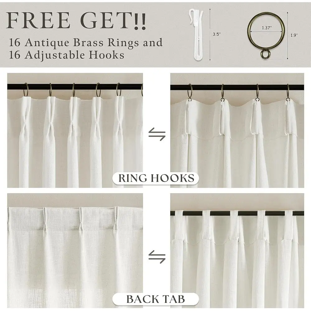 Crème 108 lange linnen gordijnen met knijpplooi, set met 2 panelen voor de woonkamer, semi-transparante boho-stijl, plafond tot vloer