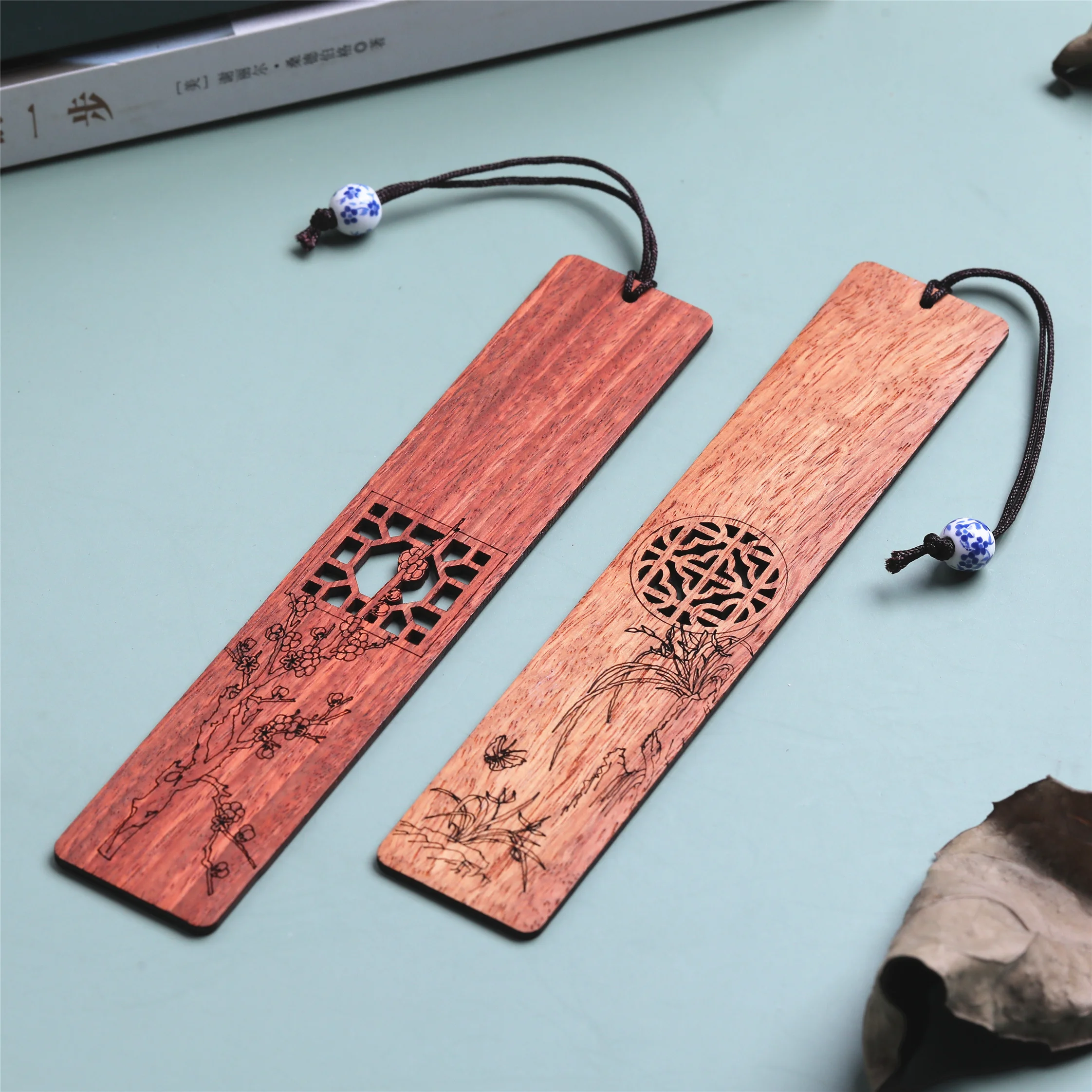 Chinese style wooden mahogany bookmark hollow window blossom plum orchid bamboo chrysanthemum lettering carving company Wen Chua