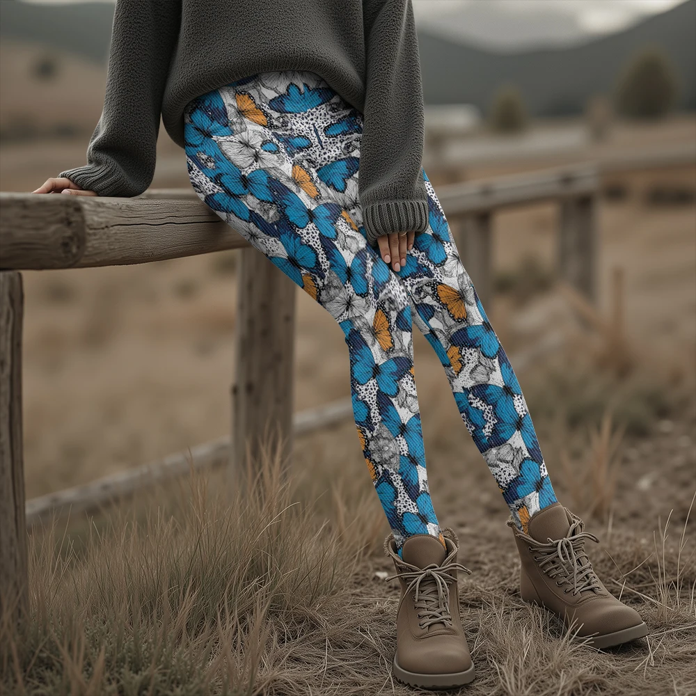 فراشة طباعة طماق النساء الشتاء سميكة الحرارية البوهيمي Harajuku الشارع موضة مثير السراويل الضيقة الملونة التصميم الفني #3