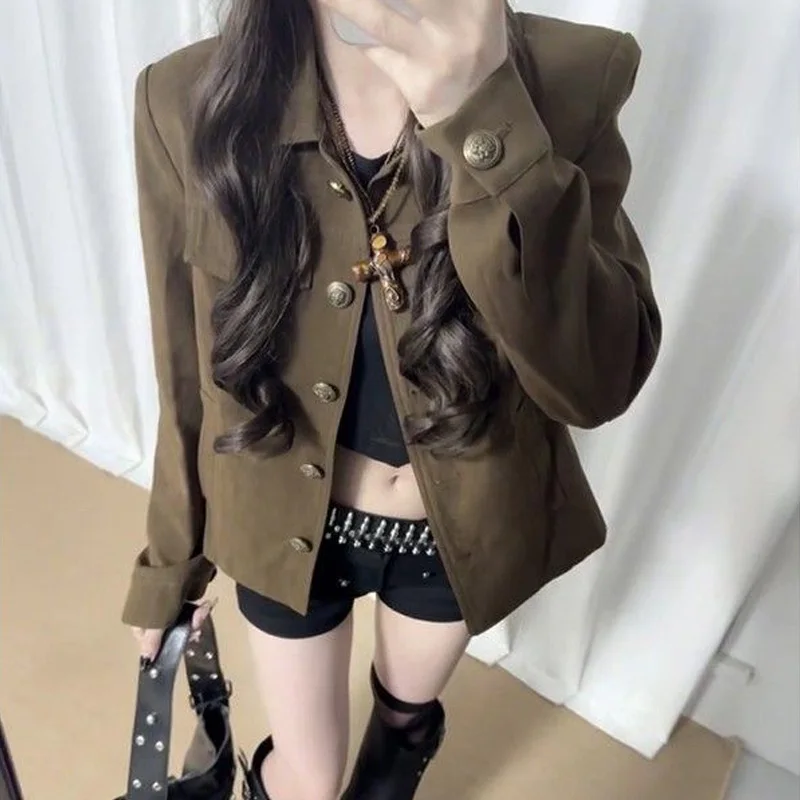 

Autumn Vintage Short Coat Fashion Brown Stand Collar Casual Long Sleeve Coat 2025 Chic Female Slim Fit High Street Outerwear