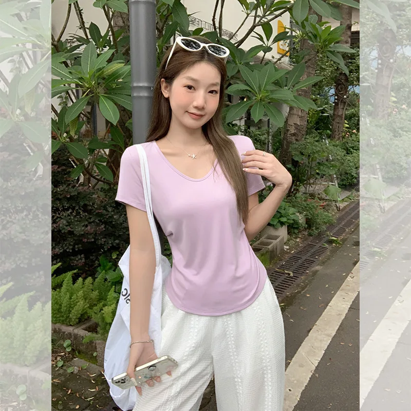 

Chic Korean Style Pure Desire V-Neck Collarbone-Exposing Short Sleeve T-Shirt for Women Summer Ruched Waist Slimming Petite