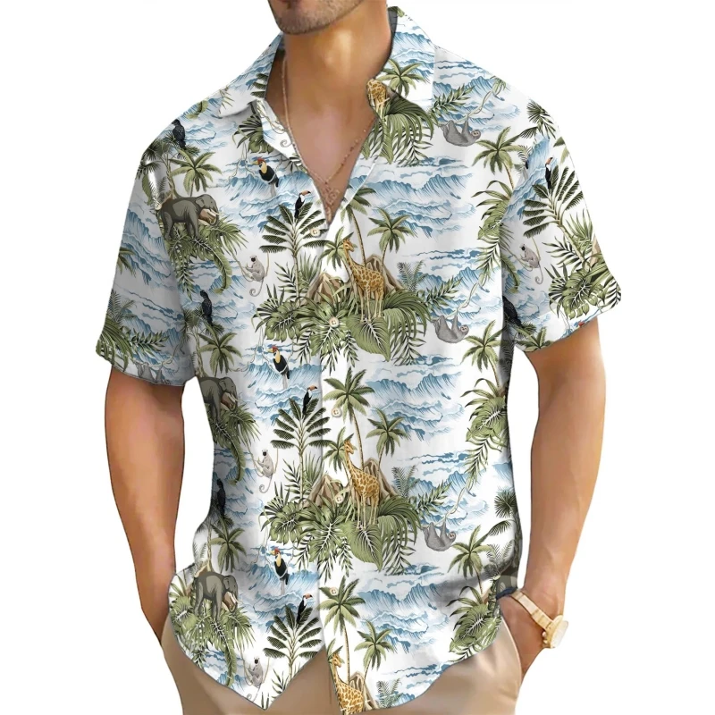 Summer Men's Shirt Coconut Tree Print Short Sleeve Tops Retro Casual Hawaiian Shirts For Men Loose Oversized 2024 New Top