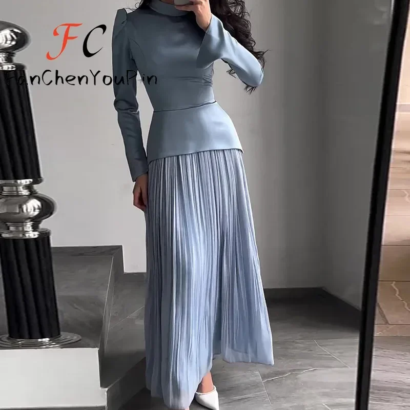 Autumn New Women\'s Dress Fashion Vintage Pleated Long Sleeve Vintage Skirt Office Lady Patchwork Slim Fit Elegant Party Dresses