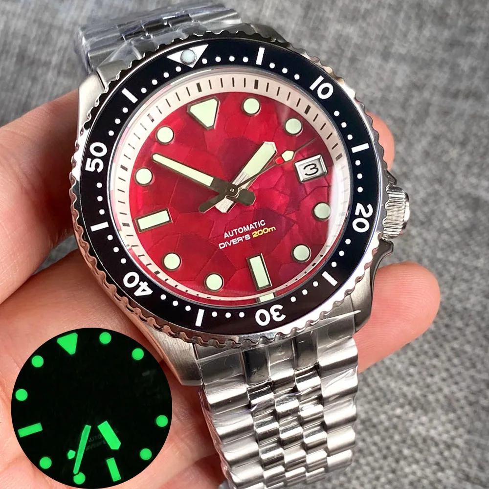 Tandorio Red Gloss Shell Dial 41mm NH35 200M orologio subacqueo automatico impermeabile da uomo 120 Click Bezel orologio in vetro zaffiro Montres