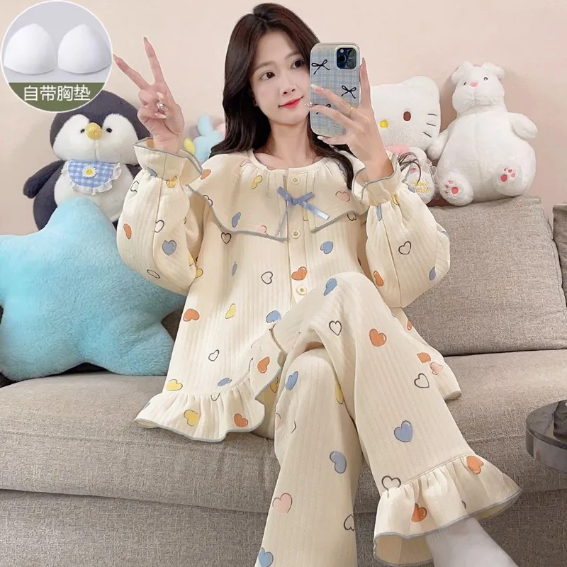 New Sweet Thickened Cardigan Air Long-sleeved Sandwich Loungewear Set Pajamas with Chest Pads To Keep Warm in Autumn and Winter