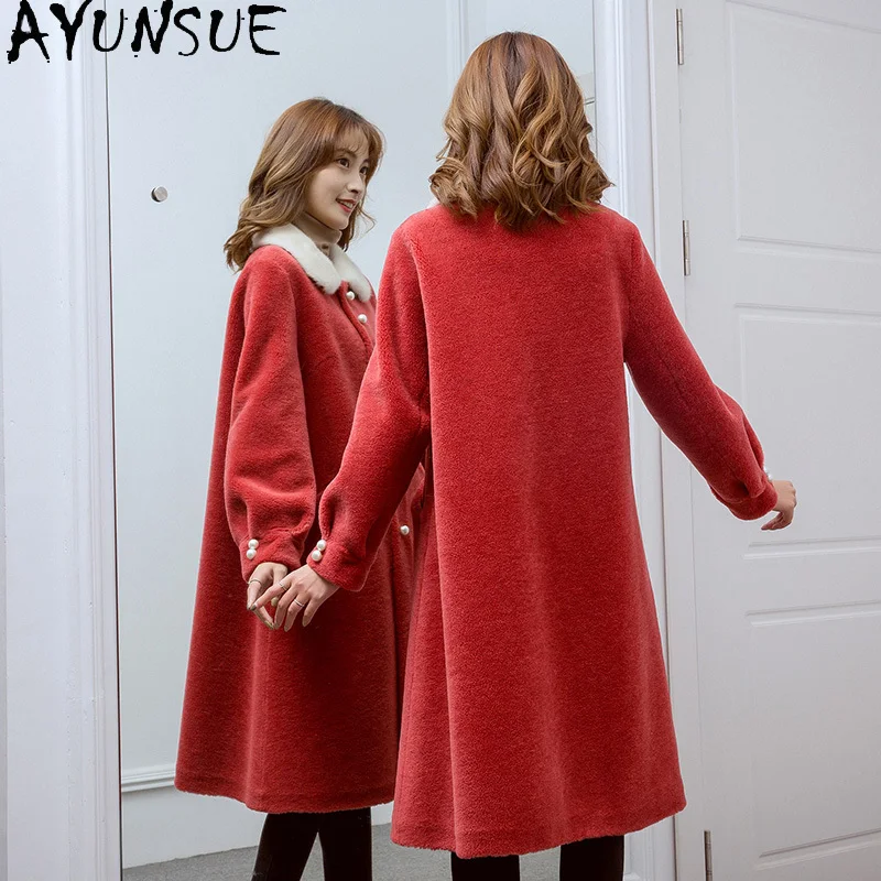 AYUNSUE-abrigo de lana de 100% para mujer, chaqueta de piel de visón con cuello de piel de oveja, ropa de invierno, piel compuesta femenina, Пitzakто Ж Jayaе