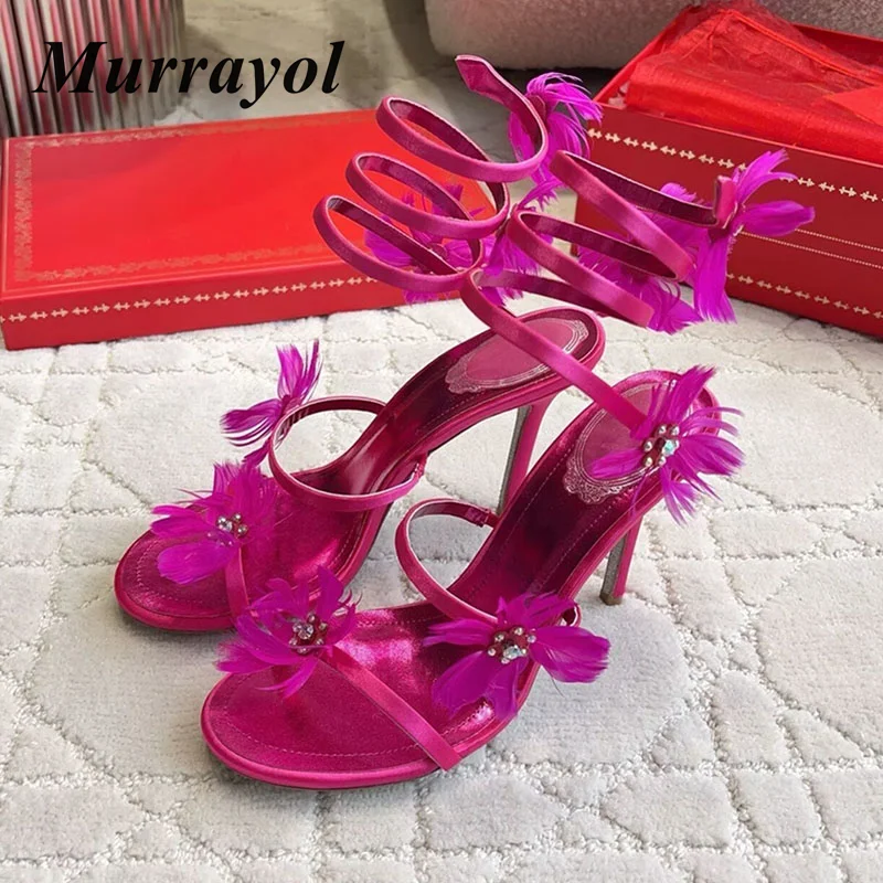

Wedding Feather Shoes Satin Rhinestone Flower Gladiator Sandals Women Open Toe Thin High Heels Sexy Party Banquet Dress Shoes