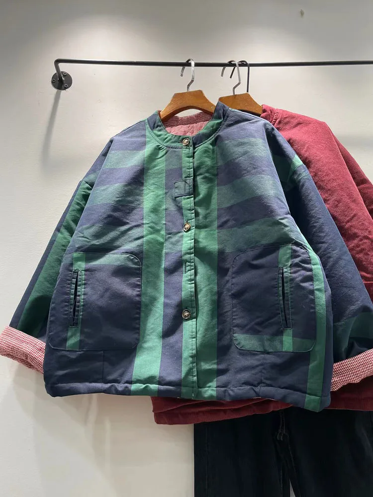 

Winter Women's Cotton Jacket Korean Style Plaid round Neck Double-Sided Wear Long Sleeve Cotton Coat Female Fashion Commute