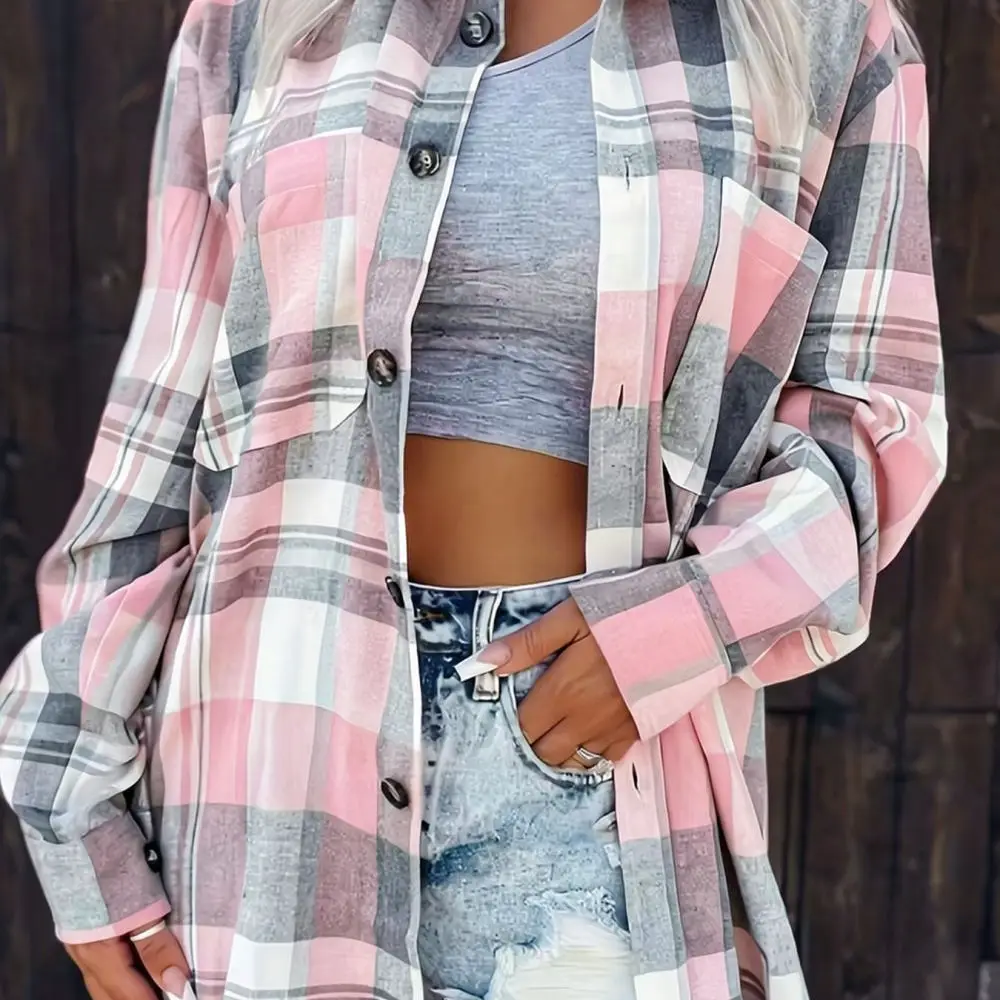 Womens Plaid Blouse Long Sleeve Casual Loose Fit Button Up Fashion Top Trendy 2025 Spring Style Sun Protection Outwear