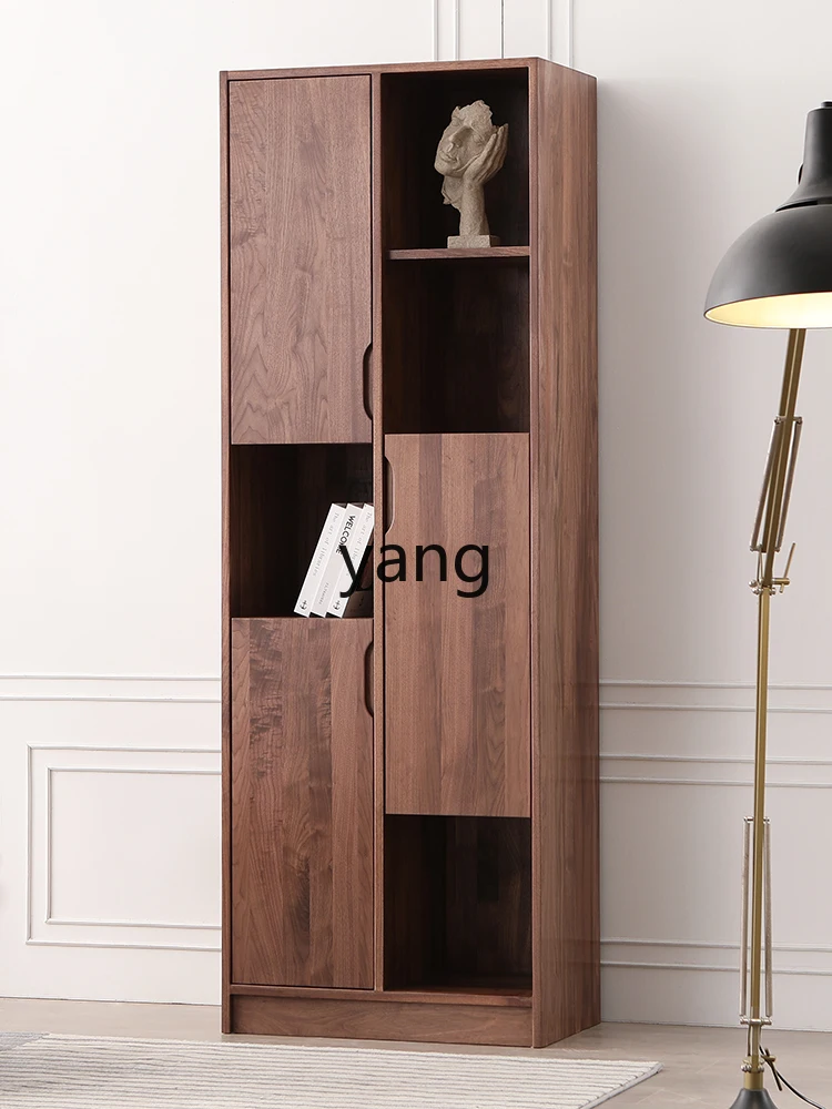 Yjq Black Walnut TV Side Cabinet Living Room Solid Wood Bookcase with Door Storage Wall Storage