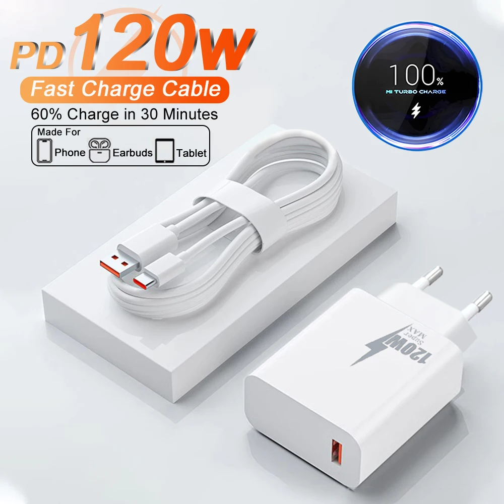 120W USB Charger Fast Charging TypeC Cable Phone Charger Adapter for iPhone Samsung Xiaomi OPPO Oneplus Wall Charger Accessories