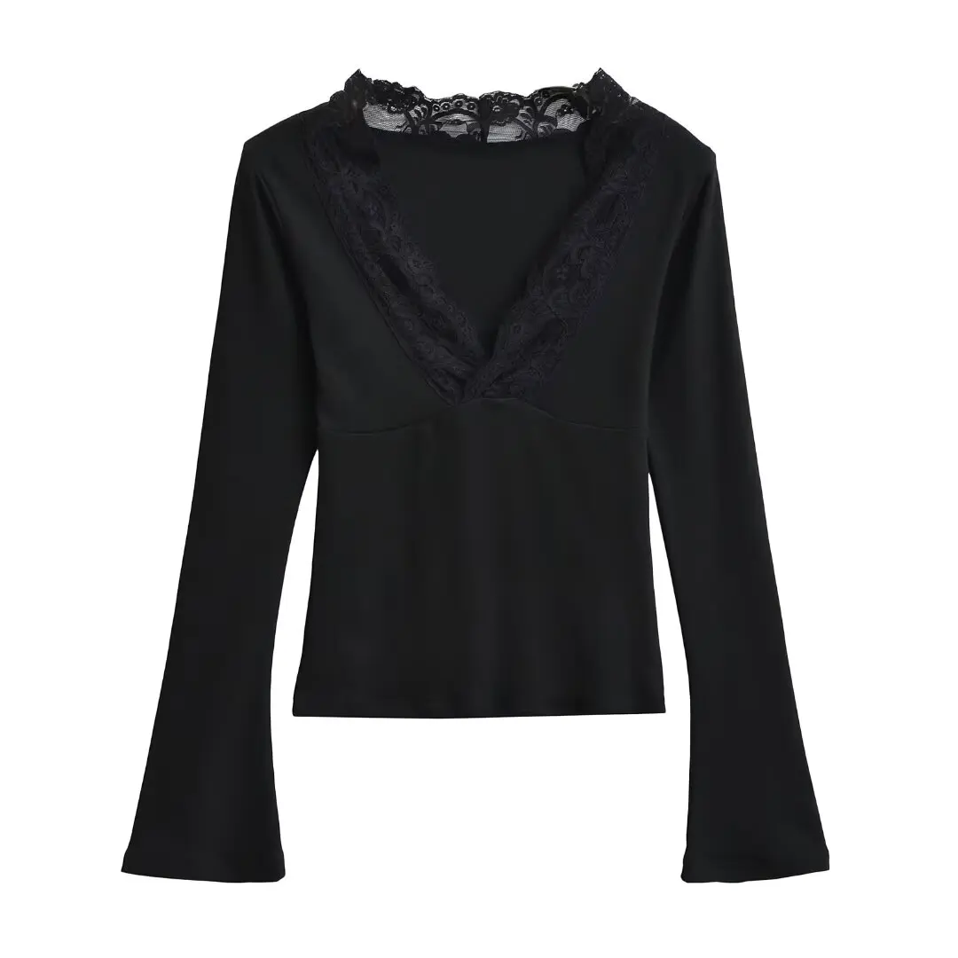 Deep V-neck Long Sleeve T-shirt Women's Slim Fit Lace Trim Splice Base Shirt Sexy Pure Desire Atmosphere Girl Power Top