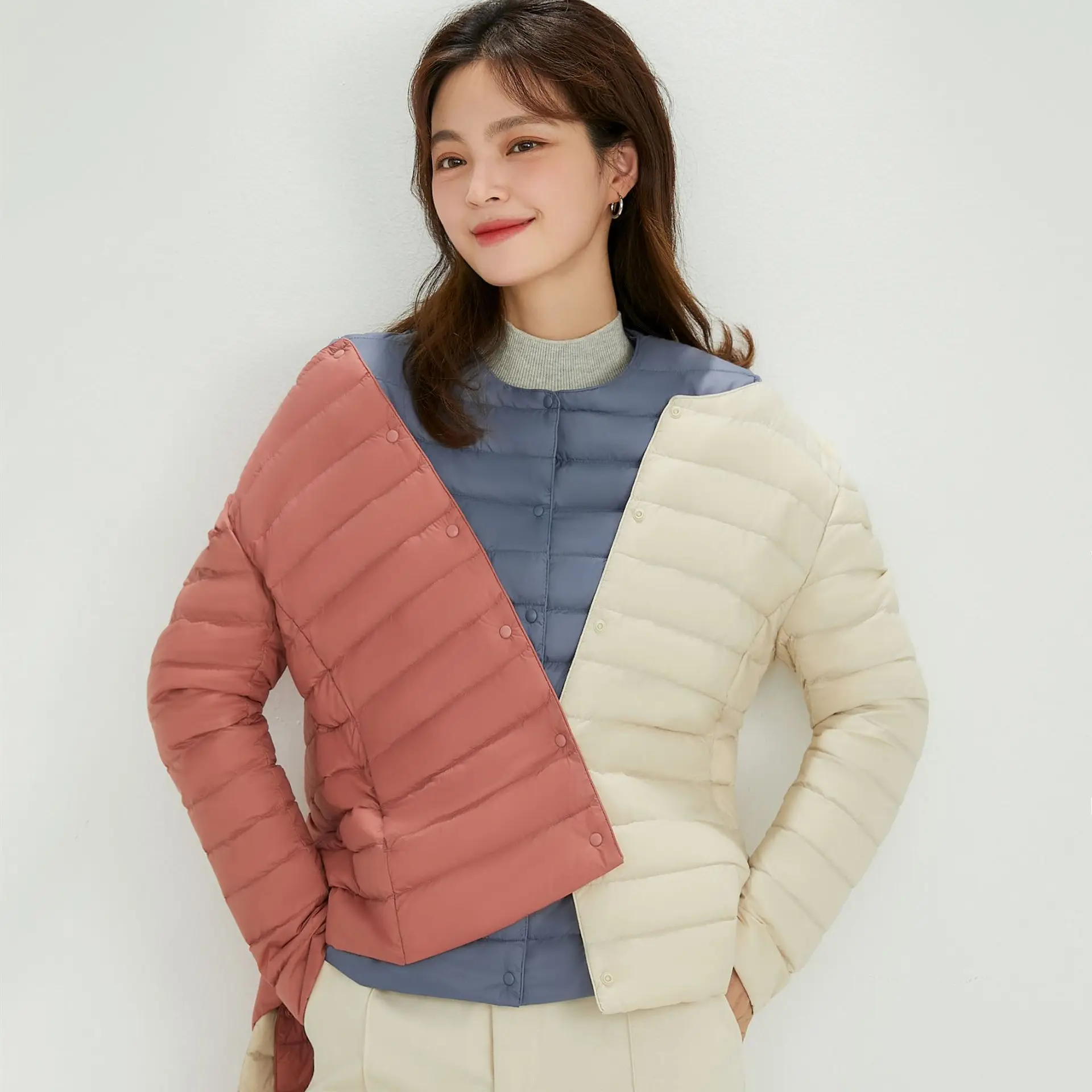 

White duck down 90% pure color women's round collar light Flimsy long-sleeved down Parkas cotton coat large autumn winter coats