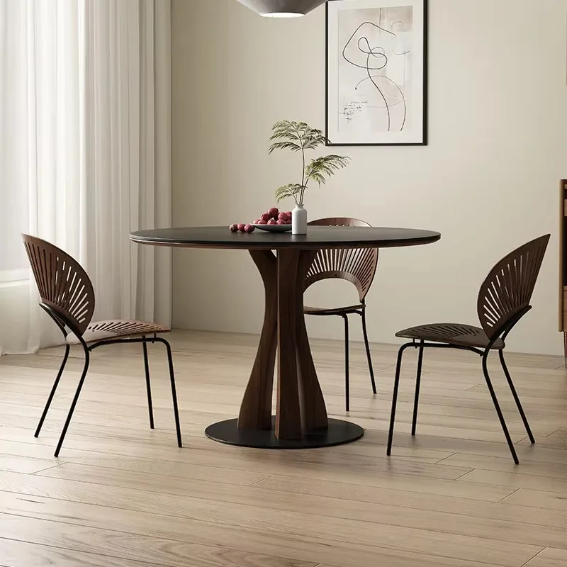 Artistic Round Sintered Stone Dining Table Sintered Stone Top With Curved Walnut Wood Pedestal Base Modern Kitchen Furniture