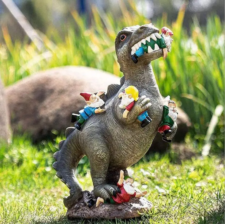 

Creative Ferocious Dinosaur Gnome with Naughty Cat Resin Sculpture Garden Yard Decor Art Craft Ornament