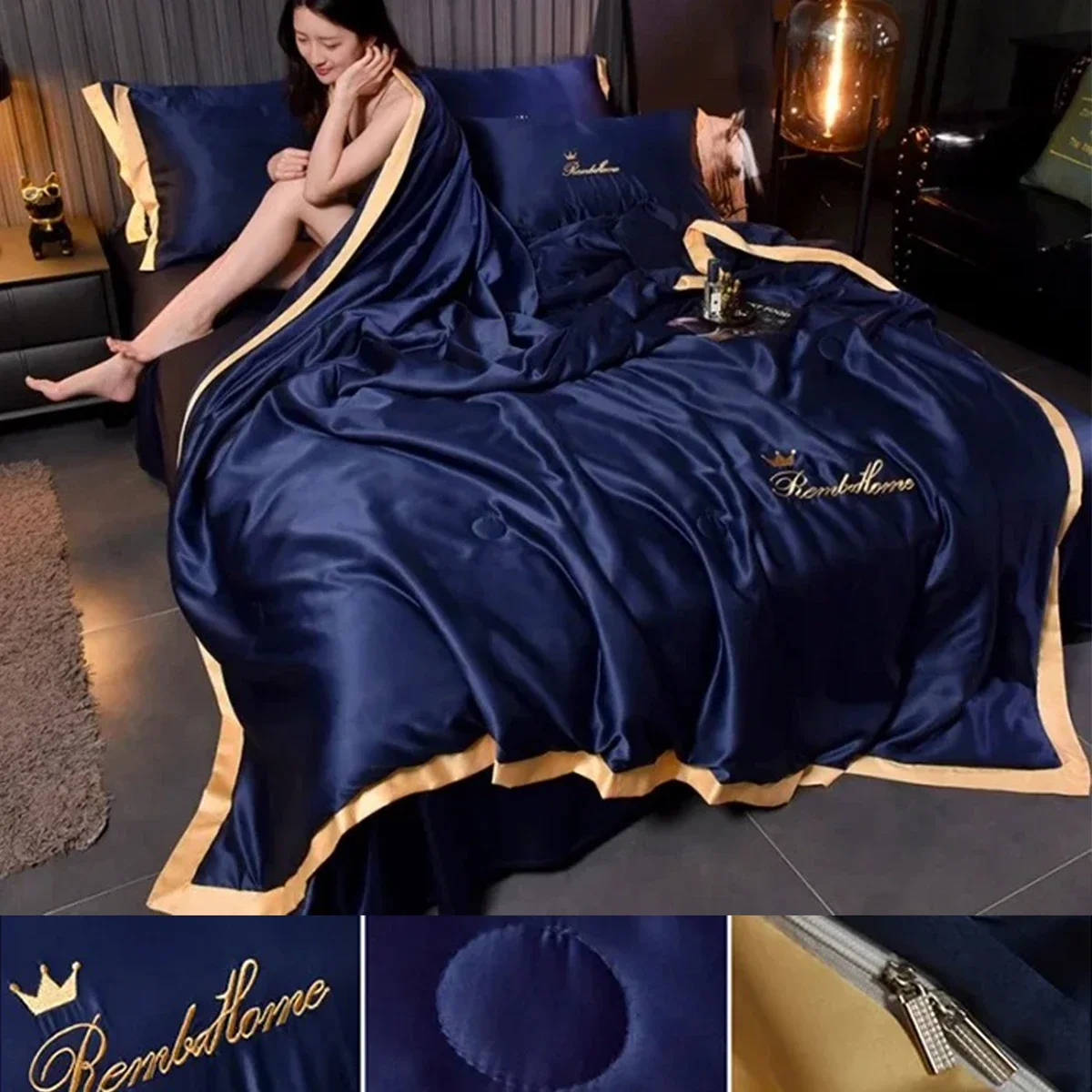 

High-end Washed Silk Embroidery Summer Quilt Simple European Style Ice Silk Summer Cool Blankets Cool Pillowcases Bedding Sets