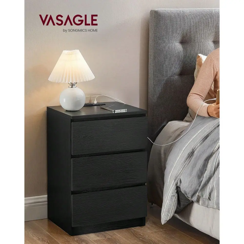 

Nightstand With Charging Station, Bedside Table, Side End Table With 3 Drawers, 2 AC Outlets, 2 USB Ports, Beveled Drawer Front
