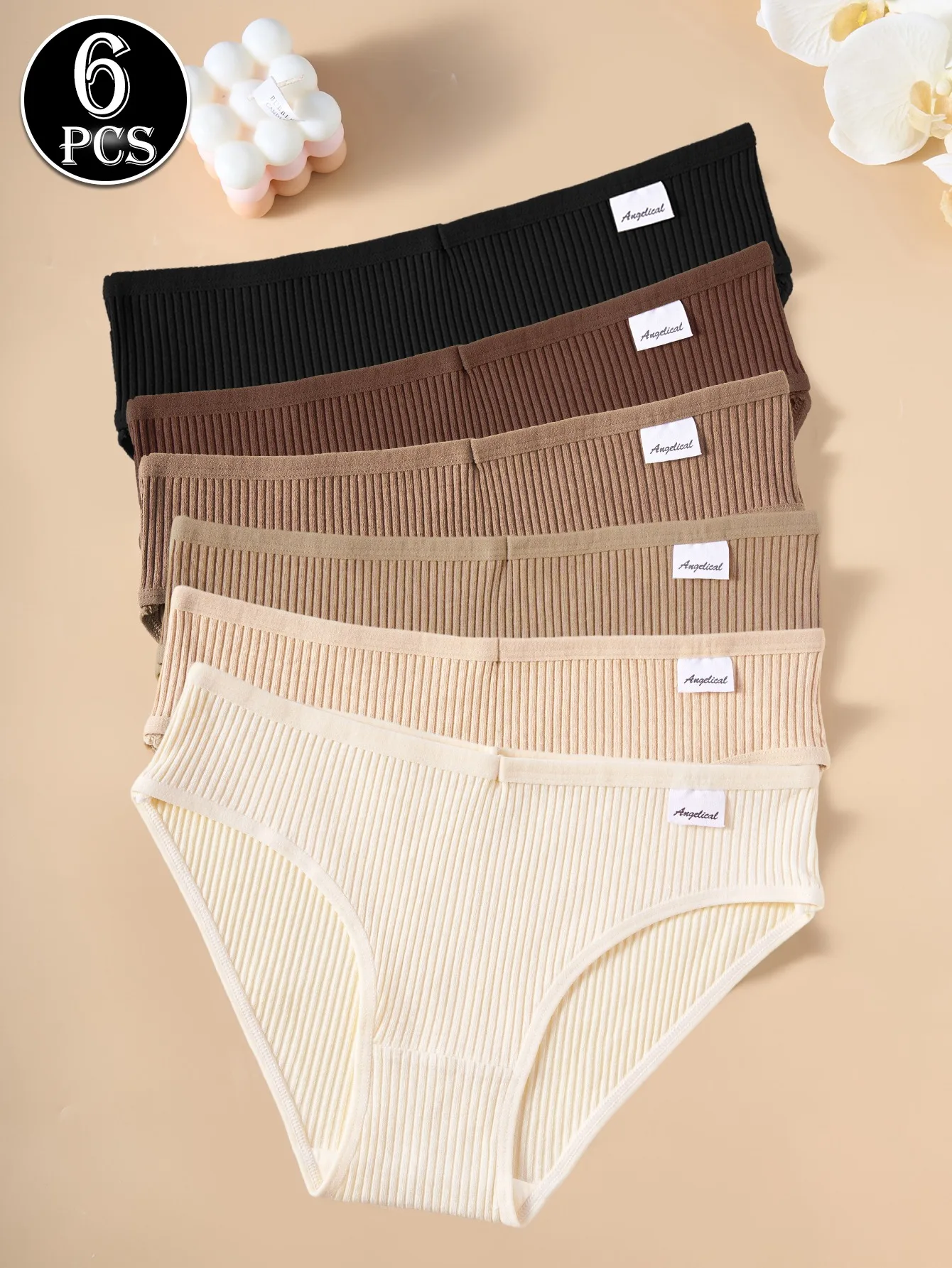 6pcs Women's Ribbed Low-waist Briefs, Solid Color Breathable Comfortable Underwear, Daily Wear Briefs, Size XS-XXL