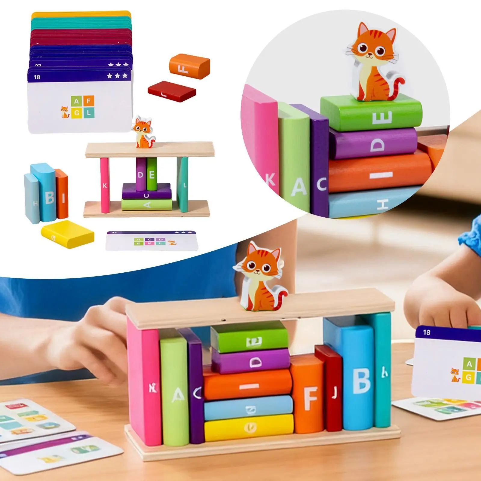 Conjunto de blocos de madeira com gatinho, jogo de habilidade motora fina, blocos de empilhamento educacionais, brinquedos de classificação de forma de cor para contar crianças
