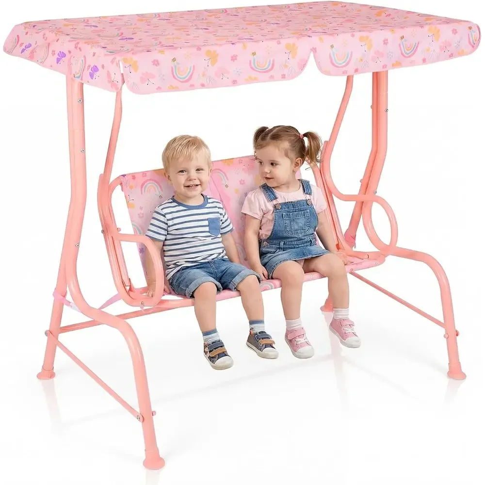 All-Weather Kids Porch Swing Bench with Adjustable Safety Belts, Ideal for Outdoor, Backyard, Garden, or Poolside in Light Pink