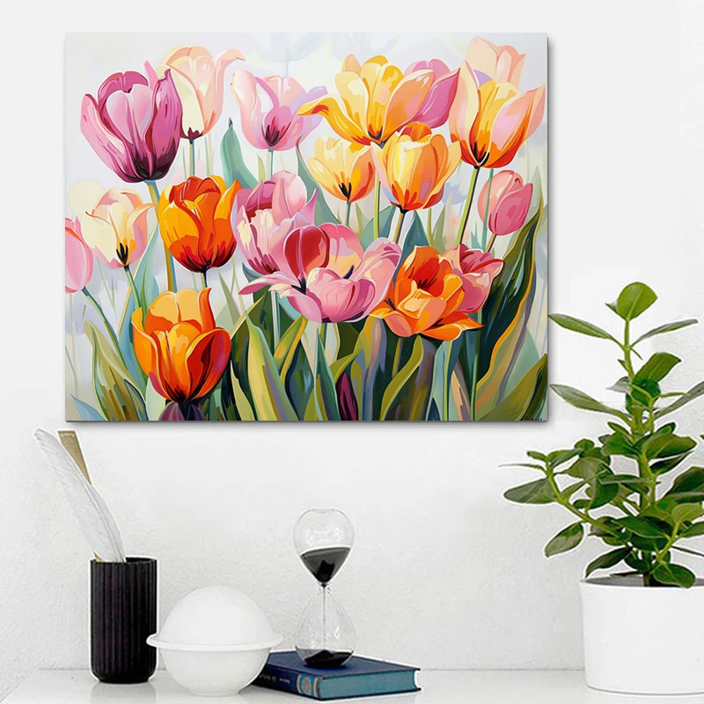 YIJIE Painting By Numbers Spring Tulips DIY HandPainted Oil Painting Canvas Colouring Unique Gift Home Decorate