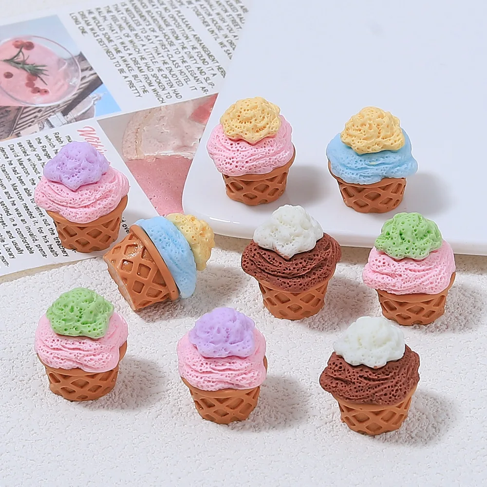 10pcs/lot Simulation 3D Ice Cream Cone Resin Cabochon Mini Food Play Fit Phone Deco Parts DIY Miniature Dollhouse Accessories