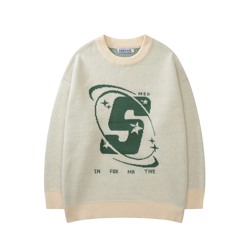 Capital Letter Print Solid Color Retro Men's and Women's Autumn Winter Sweaters Harajuku Crew Neck Oversized Baggy Knitted Top