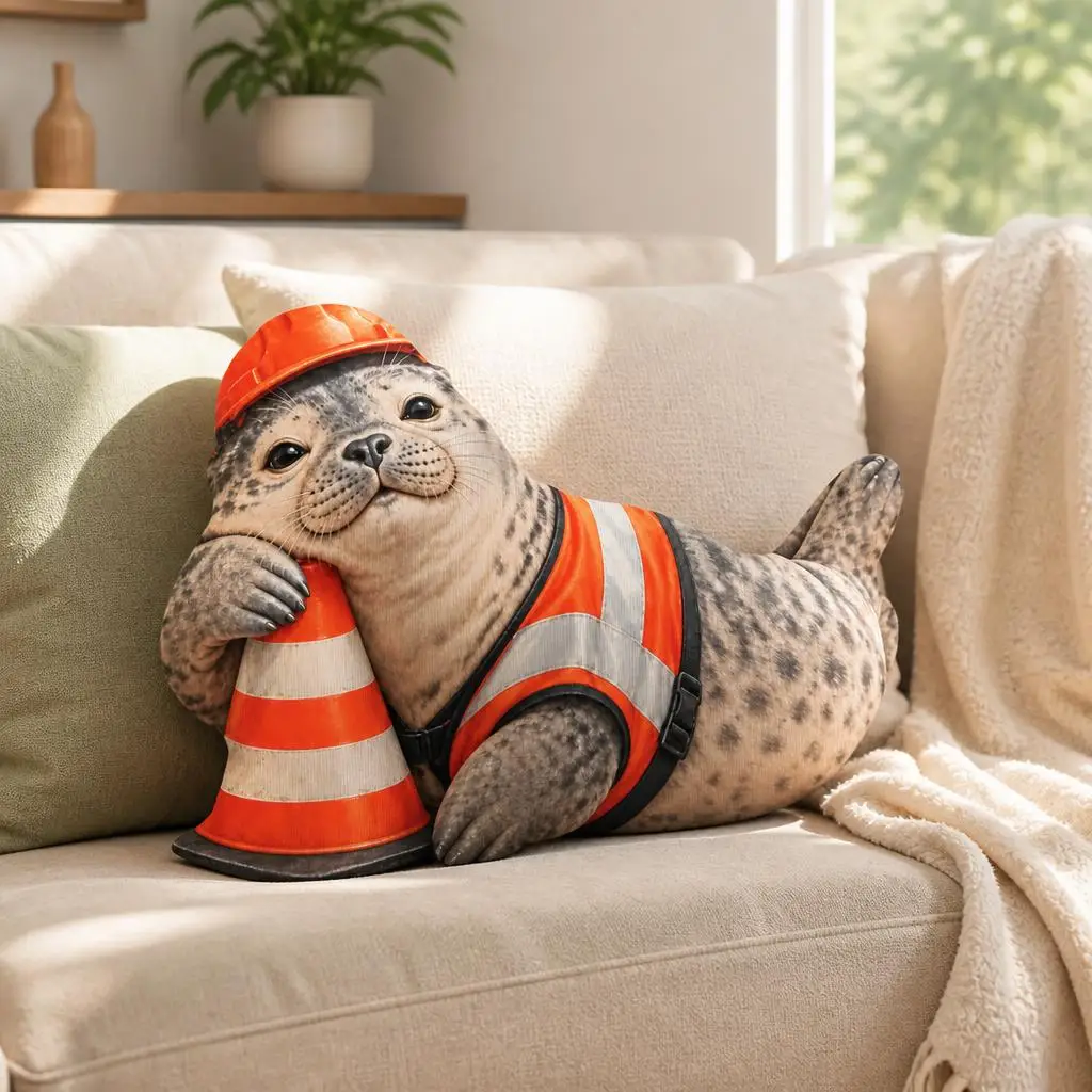 Cute Construction Worker Seal Shaped Pillow Traffic Cone Cushion Novelty Throw Pillow for Sofa Home Decor Kids Room Gift