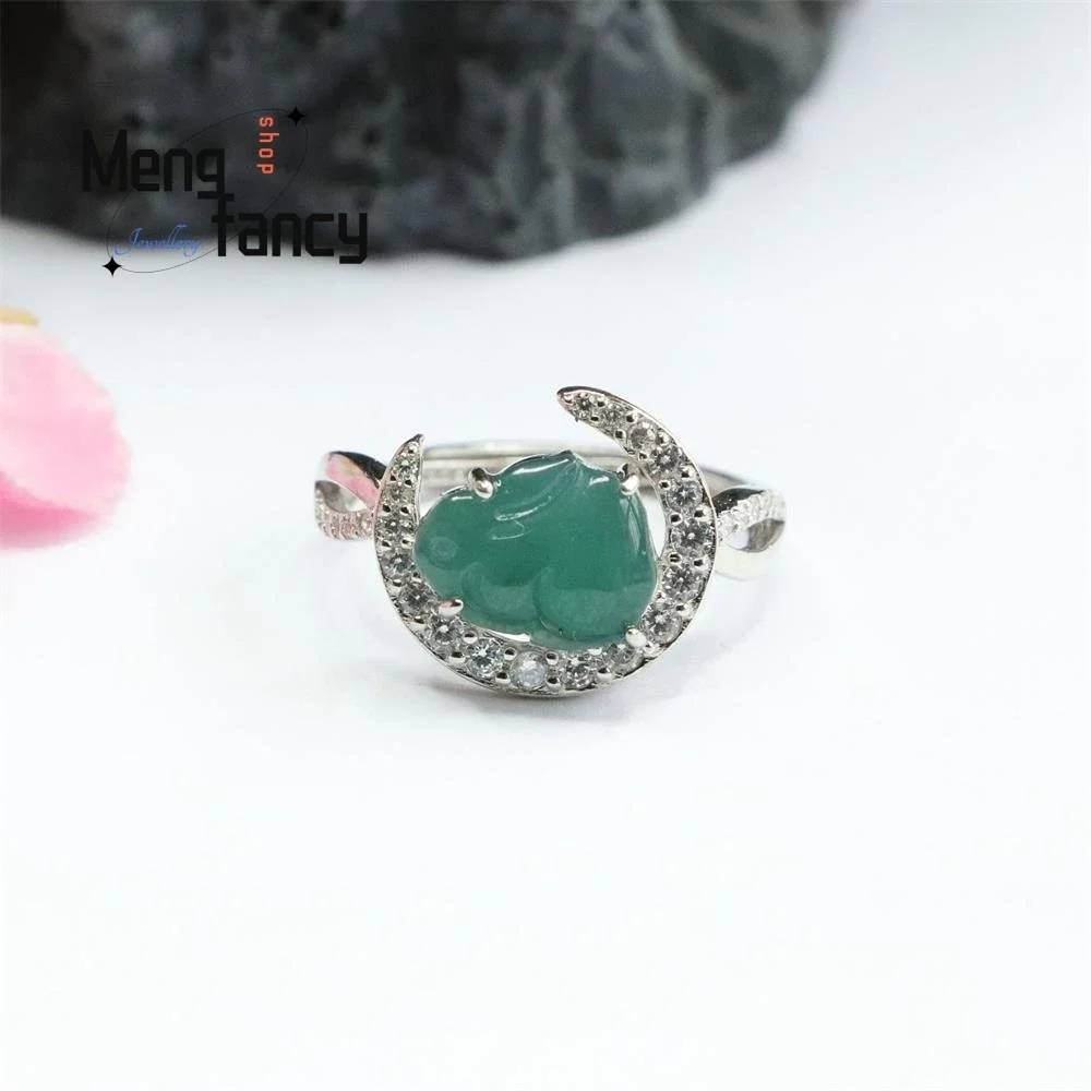 S925 Silver Lnlaid Natural Jadeite Ice Blue Water Zodiac Rabbit Ring Exquisite Elegant Eimple High-grade Luxury Quality Jewelry