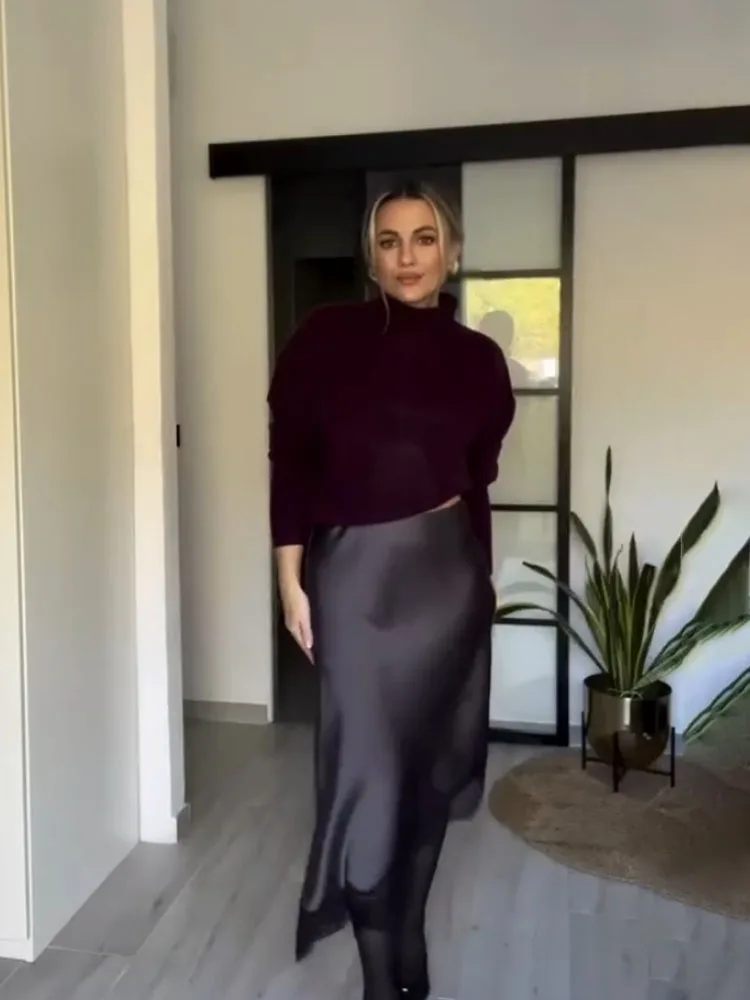 

HH женская весенняя модная шелковая атласная юбка с асимметричным подолом и кружевным украшением, женская повседневная юбка средней длины в уличном стиле