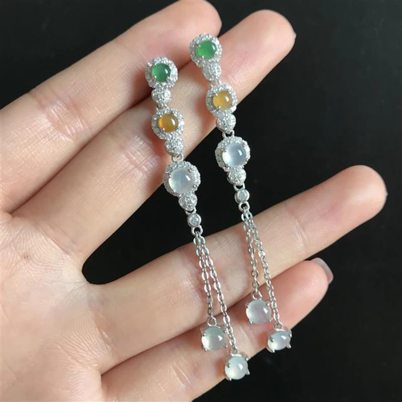 Natural Hetian three-color ice chalcedony with diamond tassel long earrings noble luxury elegant charm ladies silver jewelry