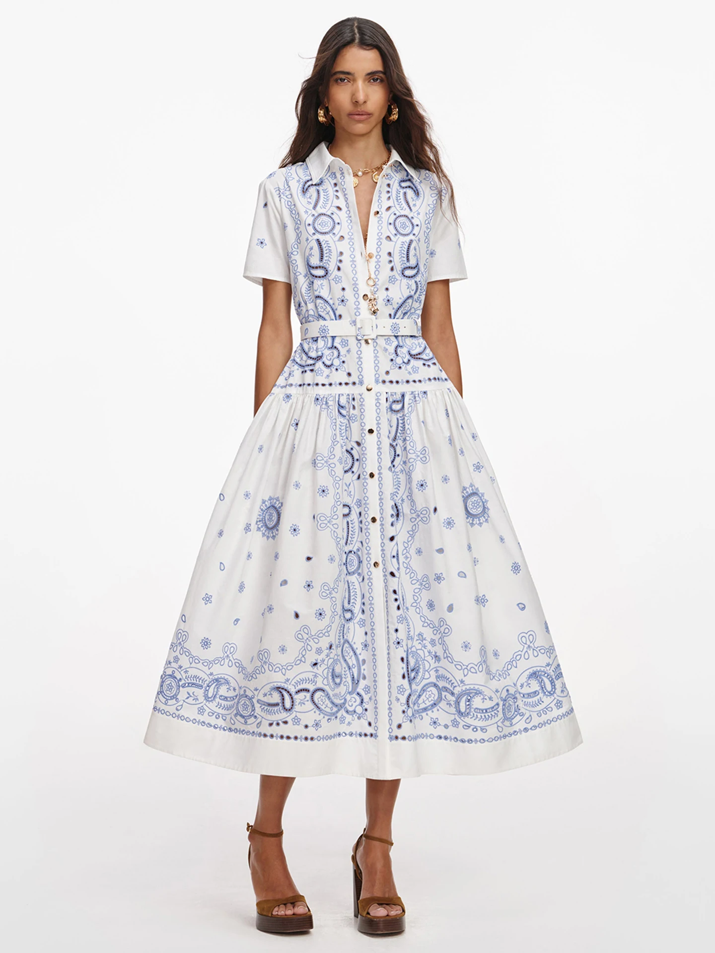 

VGH Blue And White Porcelain Embroidery Hollow out Dress Bohemian Style Midi Skirt Lengthening Long Dress Casual Summer Wear