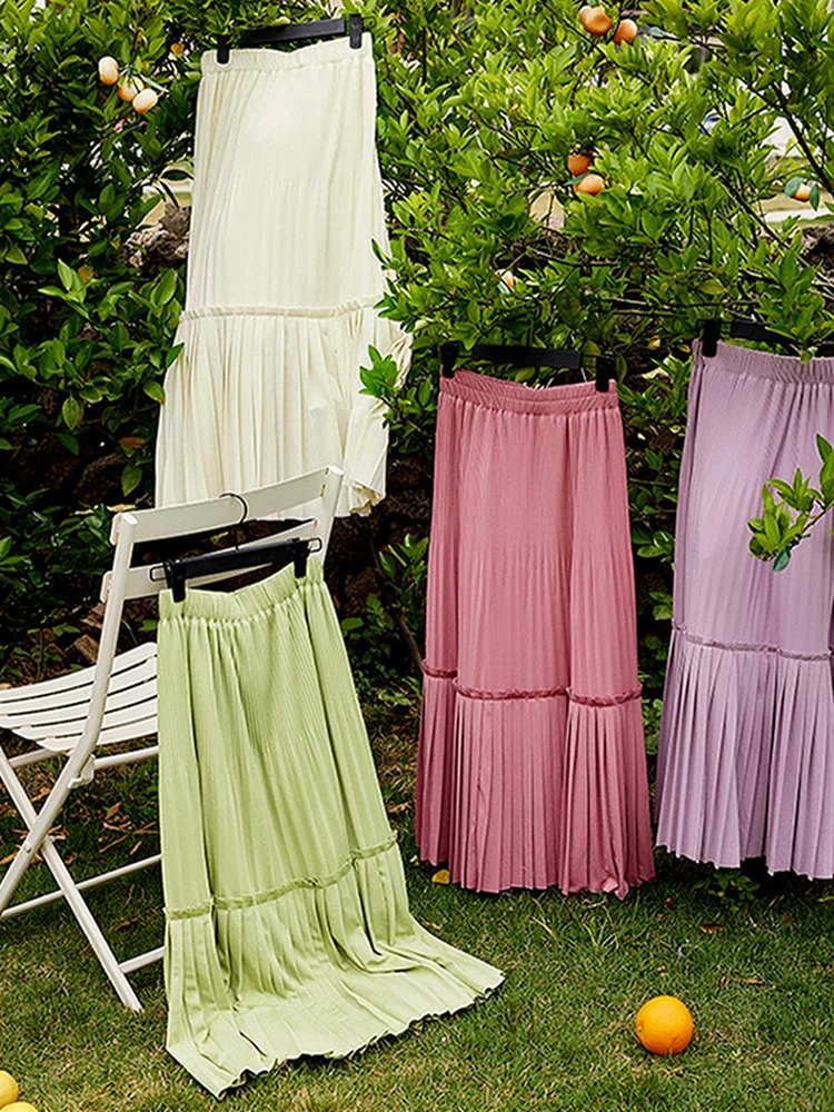 

Tee Two Things Pleated A-Line Skirt Women's Summer Thin Bla Slimming f-length Skirt Vintage Sle High Waist Poly...