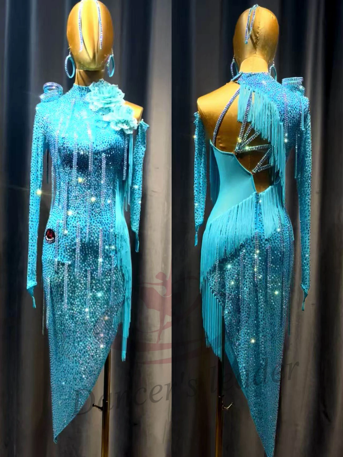 Latin Dancer Adult Children High end Customized Rose Red Split Wave Dynamic Tango Samba AB Stone Performance Dress