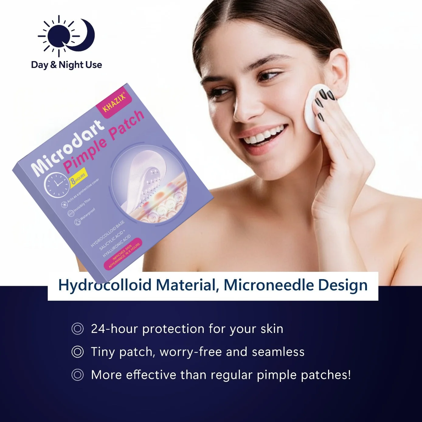 Microneedle acne patch, used to cover blemishes and conceal acne. The microneedles are shorter than 3 millimeters.