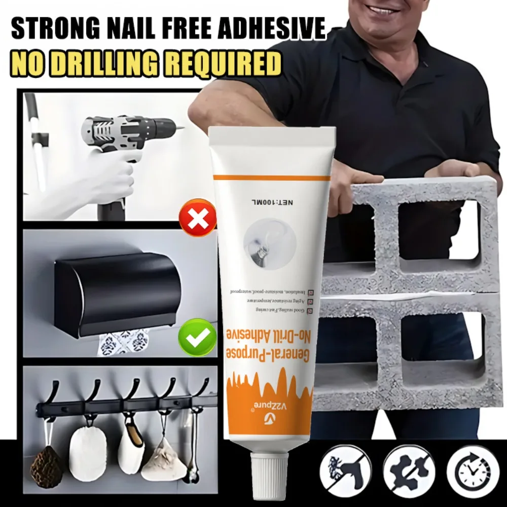 Nail-Free Adhesive No-Drill Glue - Strong No-Scratch Adhesive for Hooks & Shelves Towel Racks Daily Repair Glue Bonding Agent