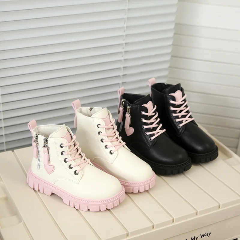 

New Soled Boots Children Autumn Winter Side Zipper Leather Boot Girl Sweet Soft Girls Fashion Solid Color Pink Heart Short Boots