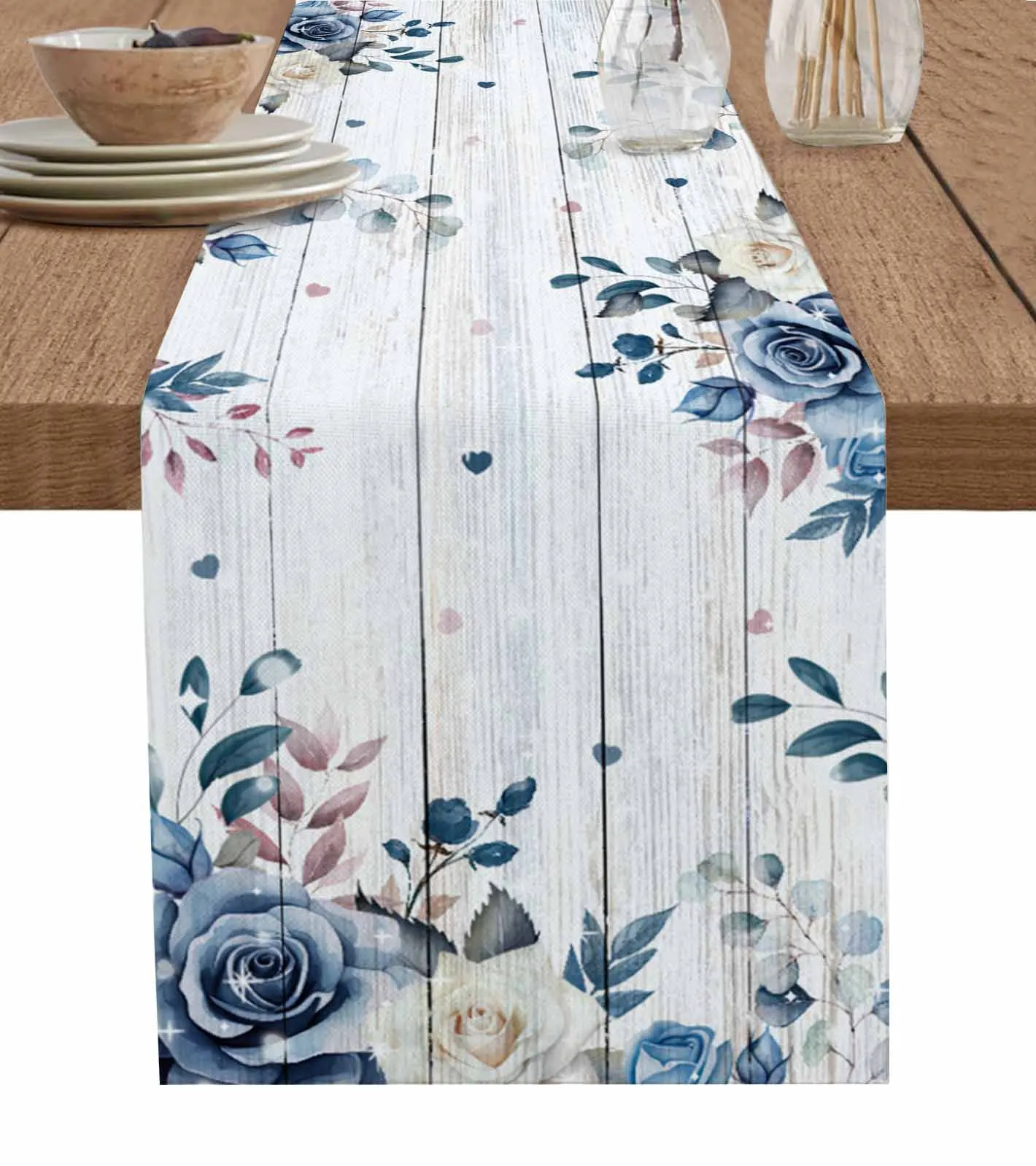 

Льняная скатерть для стола, украшение для свадебной вечеринки, с изображением синих роз, цветов, сердца
