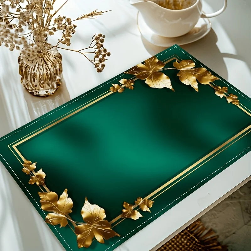 4‑Pieces Dark Emerald Green Placemat Set, Golden Laurel Leaf Border Mats for Christmas New Year Wedding Party Table Decor