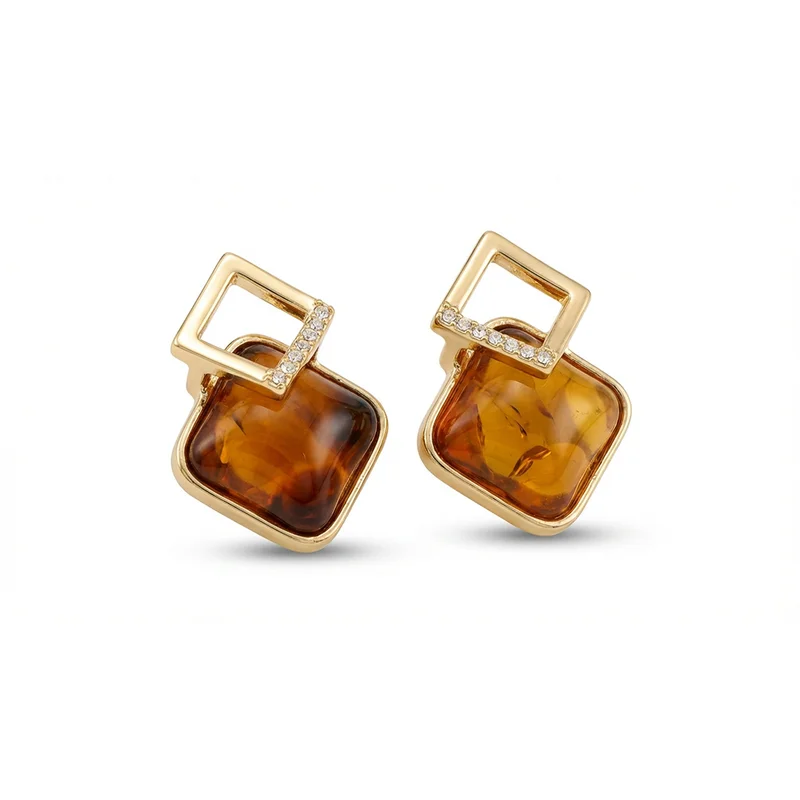 

MURMUR Vintage Geometric Square Amber Stud Earrings Gold Tone Rhinestone Minimalist Jewelry