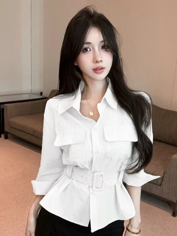 

American Sle Collar Workwear irt Women's Design Sensation Slim Fit Waist Cinched Unique Beautiful irt for Autumn