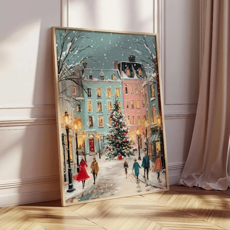 Unframed Canvas Wall Art Vintage Christmas City Street Print Snowy Town Scene Poster for Living Room Bedroom Xmas Wall Art Decor