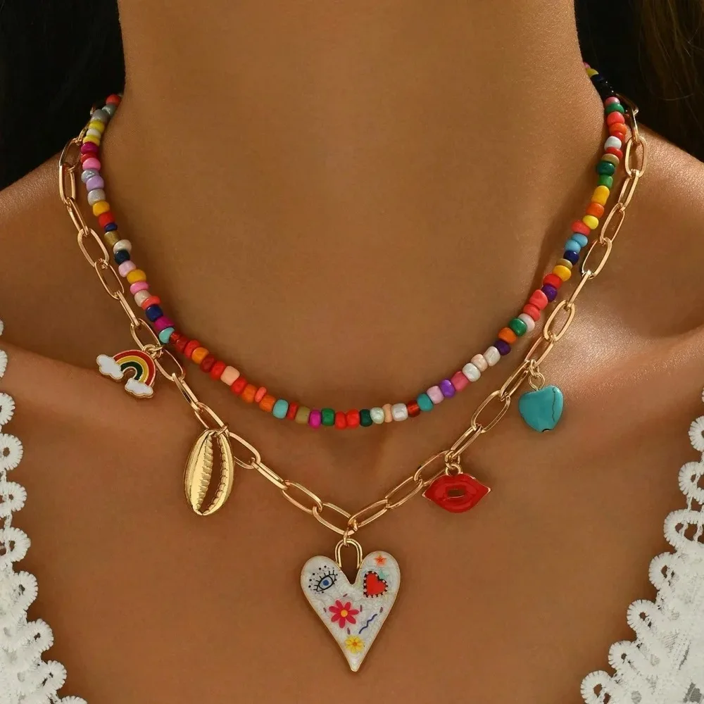 Bohemian Multilayer Handmade Beads Chain Fashion Necklaces Tassels Colorful Love Oil Drop Pendant Jewelry for Women Girl 2026