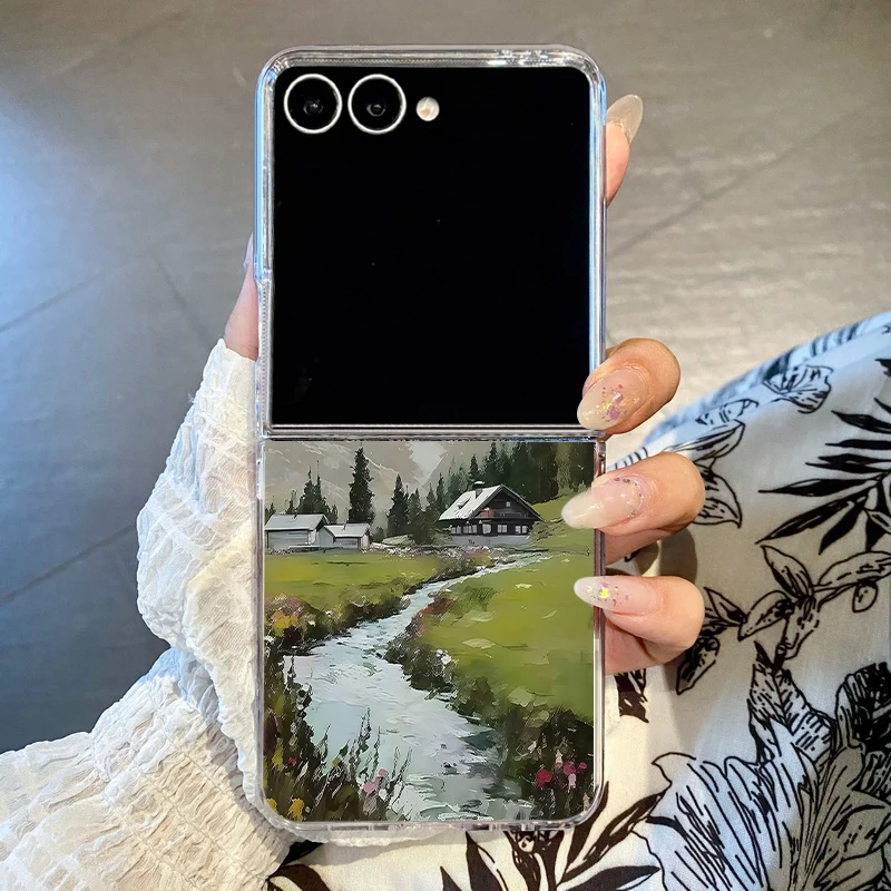 Oil Painting Printed Phone Case For Samsung Galaxy Z Flip 8 7 FE 6 5 4 3 Hard PC Clear Folding Cover For Samsung Z Flip7 Flip8