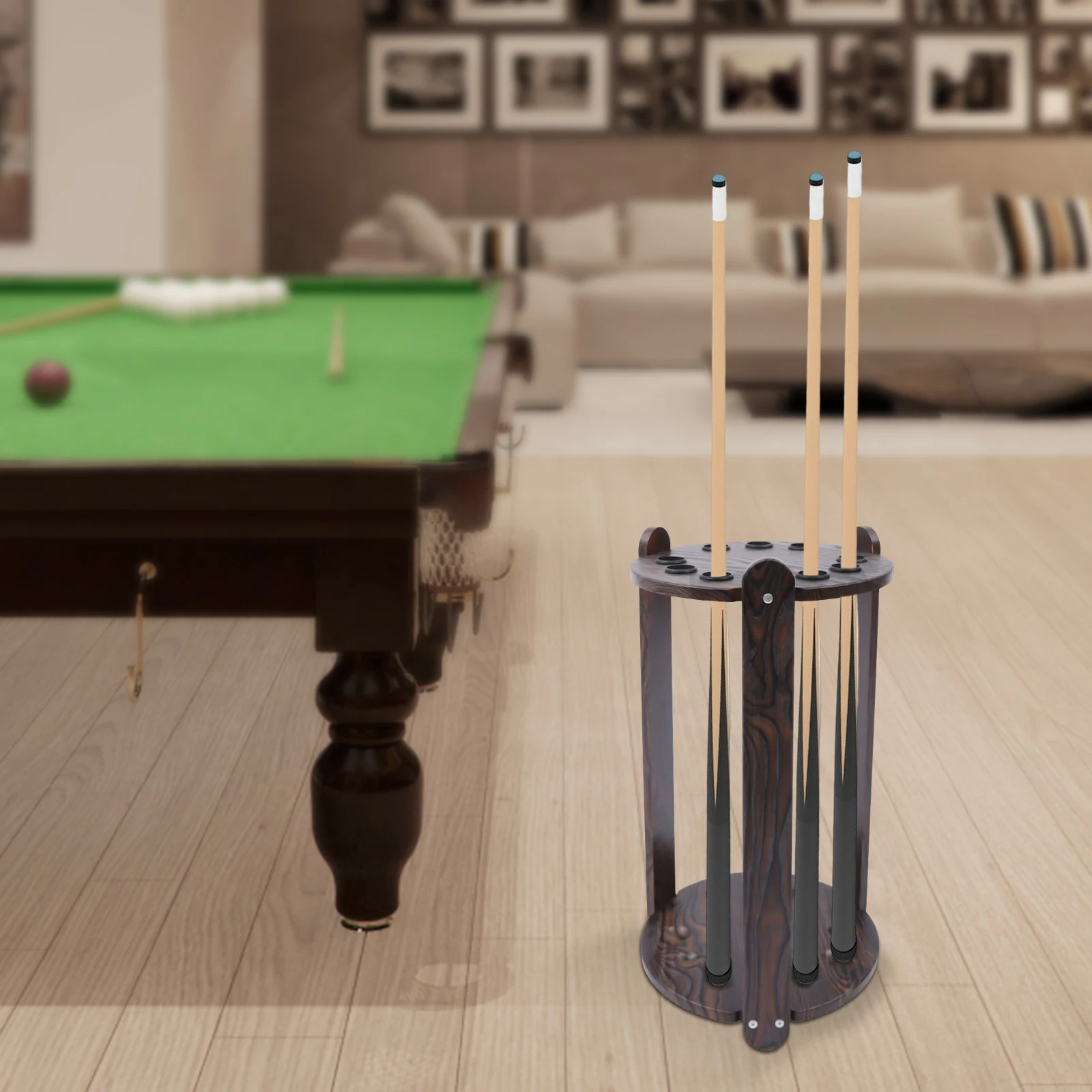 9-Hole Billiard Ball Rack  Wood Pool Stick Standing Holder Round Cue Floor Stand Shelf Durable Stick Ball Set