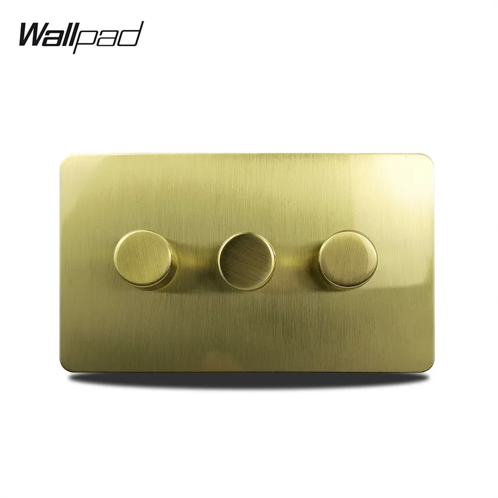 Wallpad Triple LED Dimmer Switch 3 Gang 2 Way Push On Off Brushed Satin Brass Stainless Steel Panel Metal Button